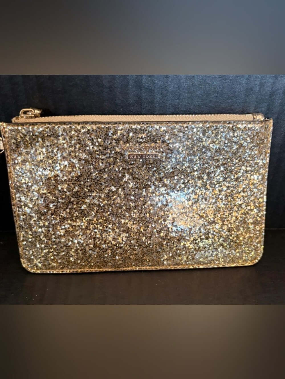 Kate Spade *Storybook Lining* Coated Glitter Gold Wristlet Clutch